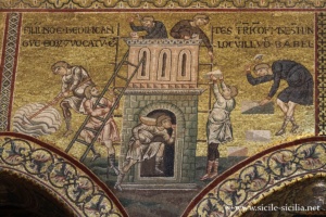 Construction de la Tour de Babel. Mosaïques de l'Ancien Testament, nef de la cathédrale de Monreale, Sicile
