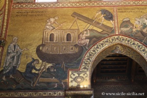 Construction de l'Arche de Noë. Mosaïques de l'Ancien Testament, nef de la cathédrale de Monreale, Sicile