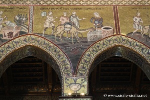 Rebecca abreuve les chameaux. Mosaïques de l'Ancien Testament, nef de la cathédrale de Monreale, Sicile