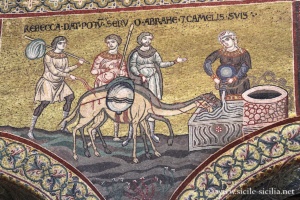 Rebecca qui abreuve les chameaux, mosaïque nef sud, cathédrale de Monreale 