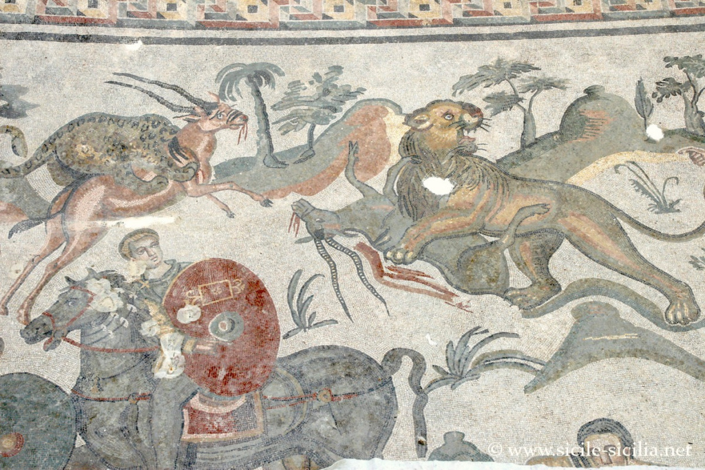Scène de la Grande chasse, corridor, mosaïques de la villa romaine de Casale