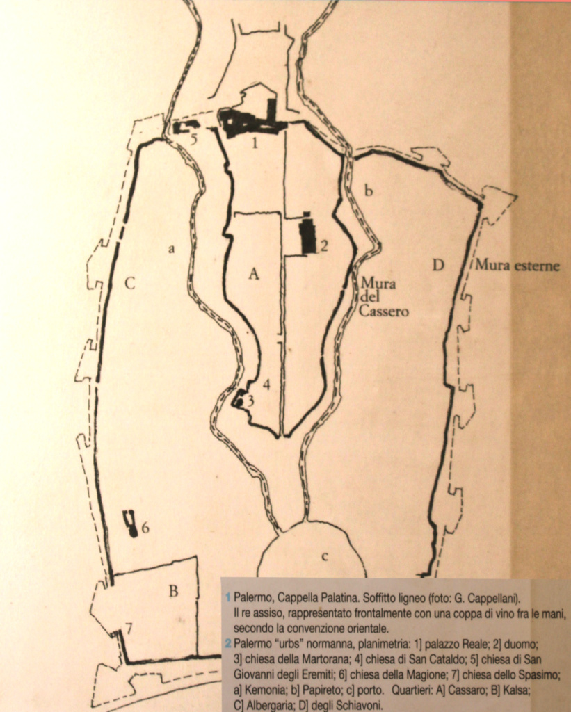 Carte de la Palerme médiévale sous les normands, avec les murs et les édifices