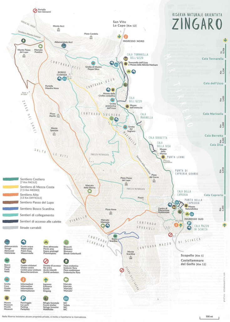 Plan des sentiers de la réserve du Zingaro en Sicile