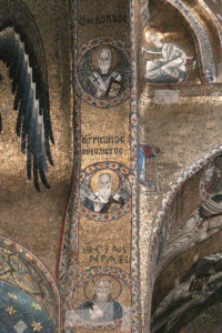 Mosaïque des Saints Nicolas, Grégoire et Athanase, église de la Martorana, Sainte-Marie de l'Amiral, Palerme