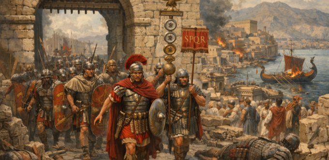 Vue d'artiste : entrée des romains à Palerme lors d ela guerre punique