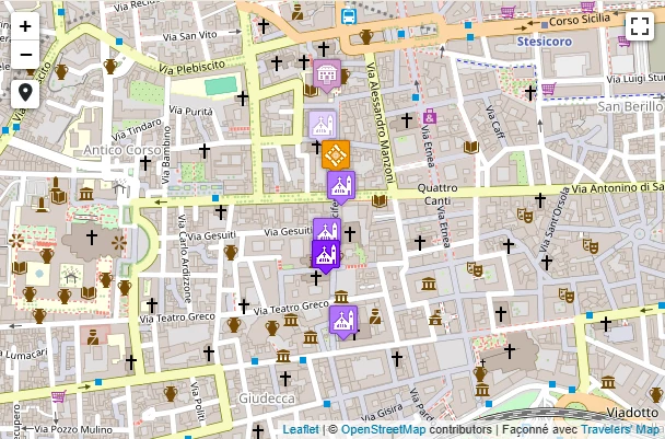 Carte de Via Crociferi à Catane : les églises baroques